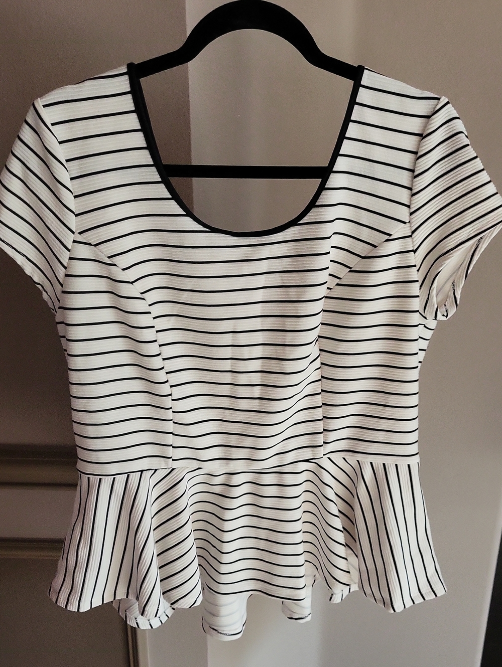 Xhilaration White Short-Sleeve Peplum Top with Black Stripes